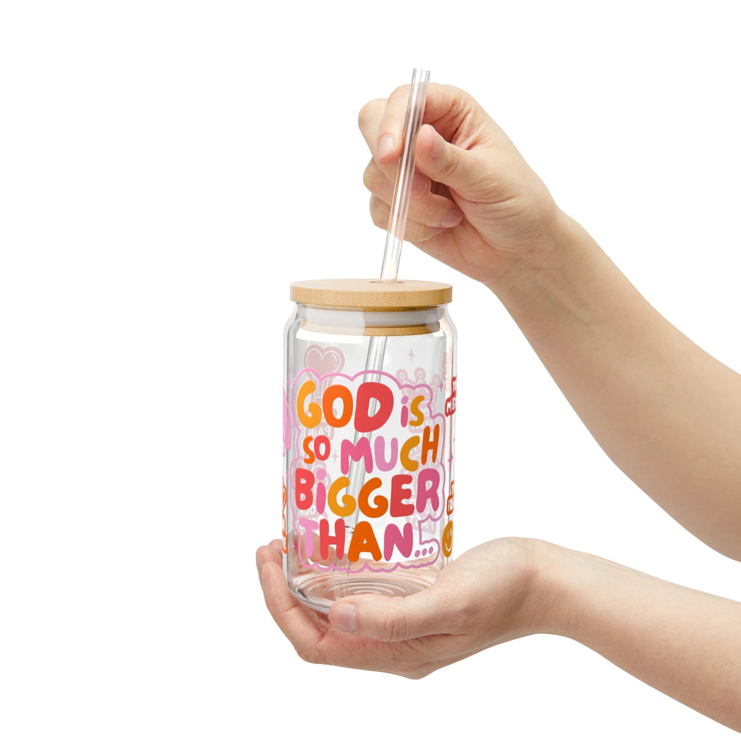 God Is So Much Bigger Glass Cup | Christian Iced Coffee Tumbler with Bamboo Lid