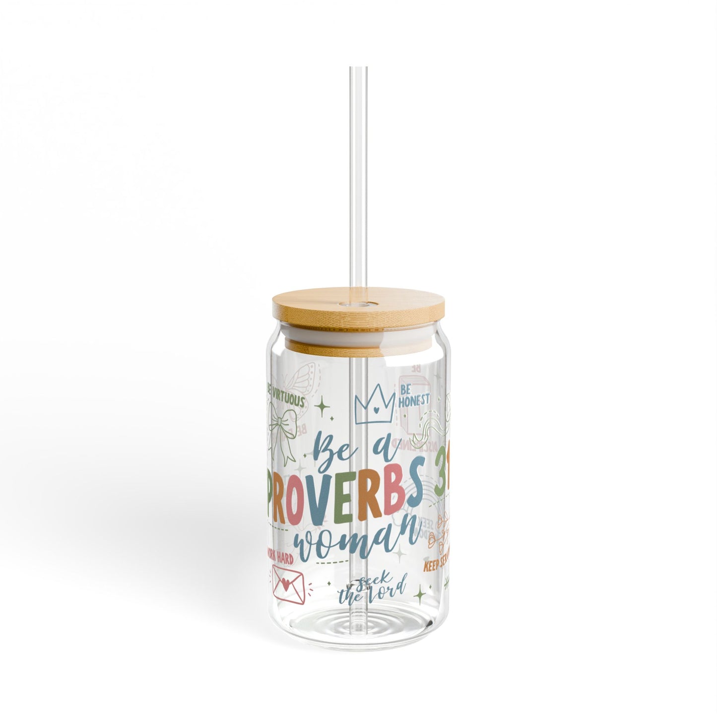 Proverbs 31 Woman Glass Cup — Christian Iced Coffee Cup with Bamboo Lid