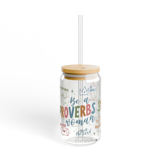 Proverbs 31 Woman Glass Cup — Christian Iced Coffee Cup with Bamboo Lid
