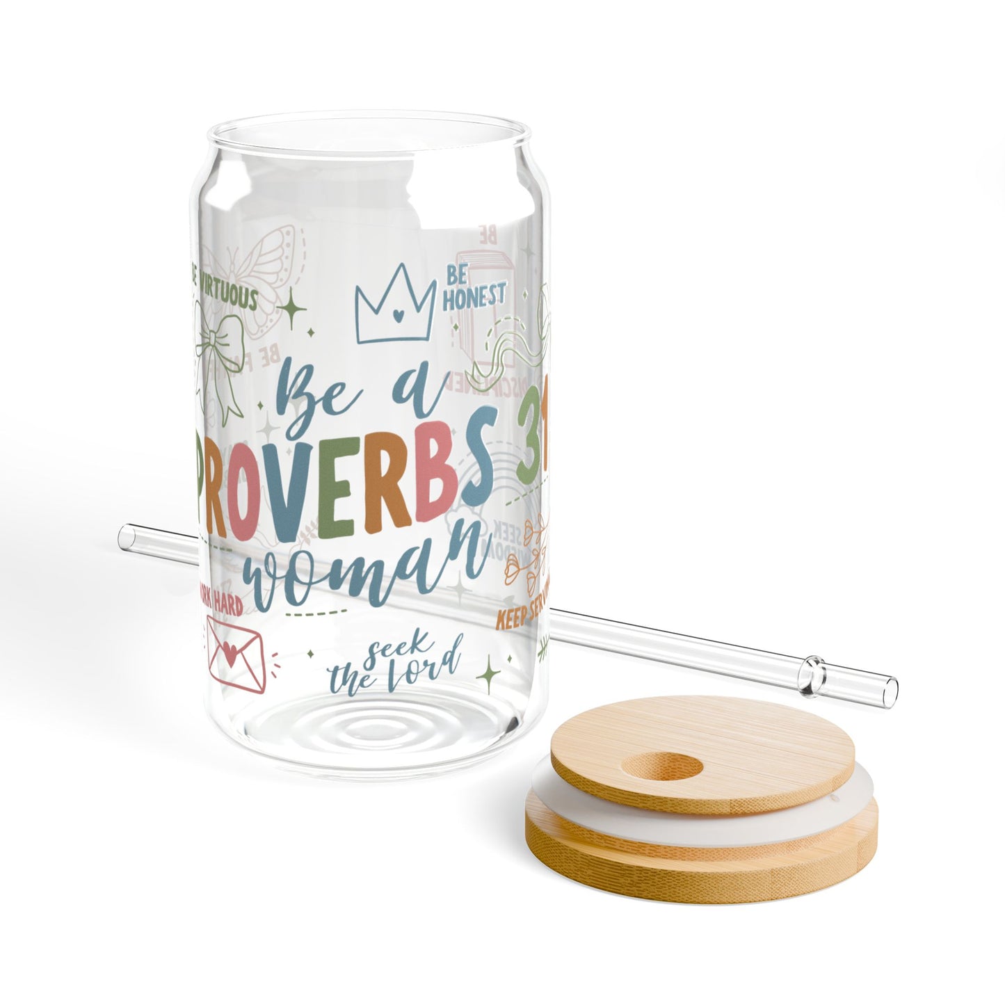 Proverbs 31 Woman Glass Cup — Christian Iced Coffee Cup with Bamboo Lid