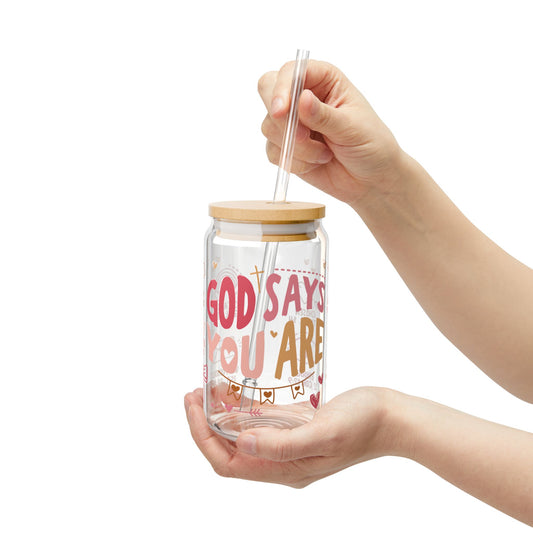 God Says You Are Glass Cup — Christian Iced Coffee Cup with Bamboo Lid