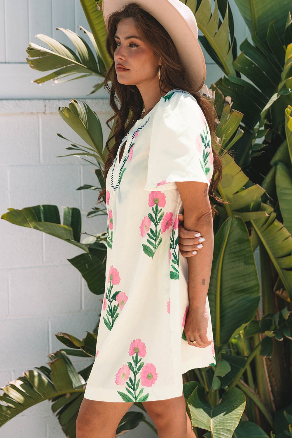 Paloma Floral Split Neck Mini Dress – Loose Fit Summer Dress for Women