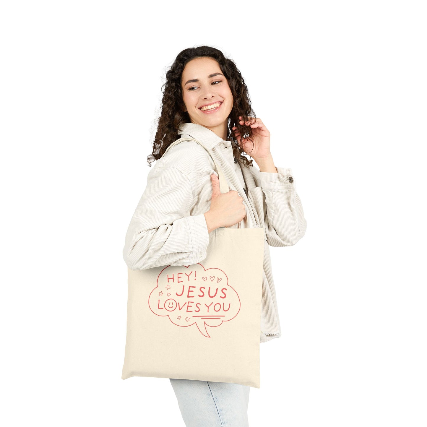 Hey Jesus Loves You Tote Bag — Cute Christian Canvas Bag