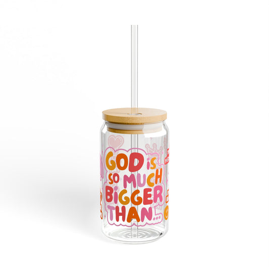 God Is So Much Bigger Glass Cup | Christian Iced Coffee Tumbler with Bamboo Lid