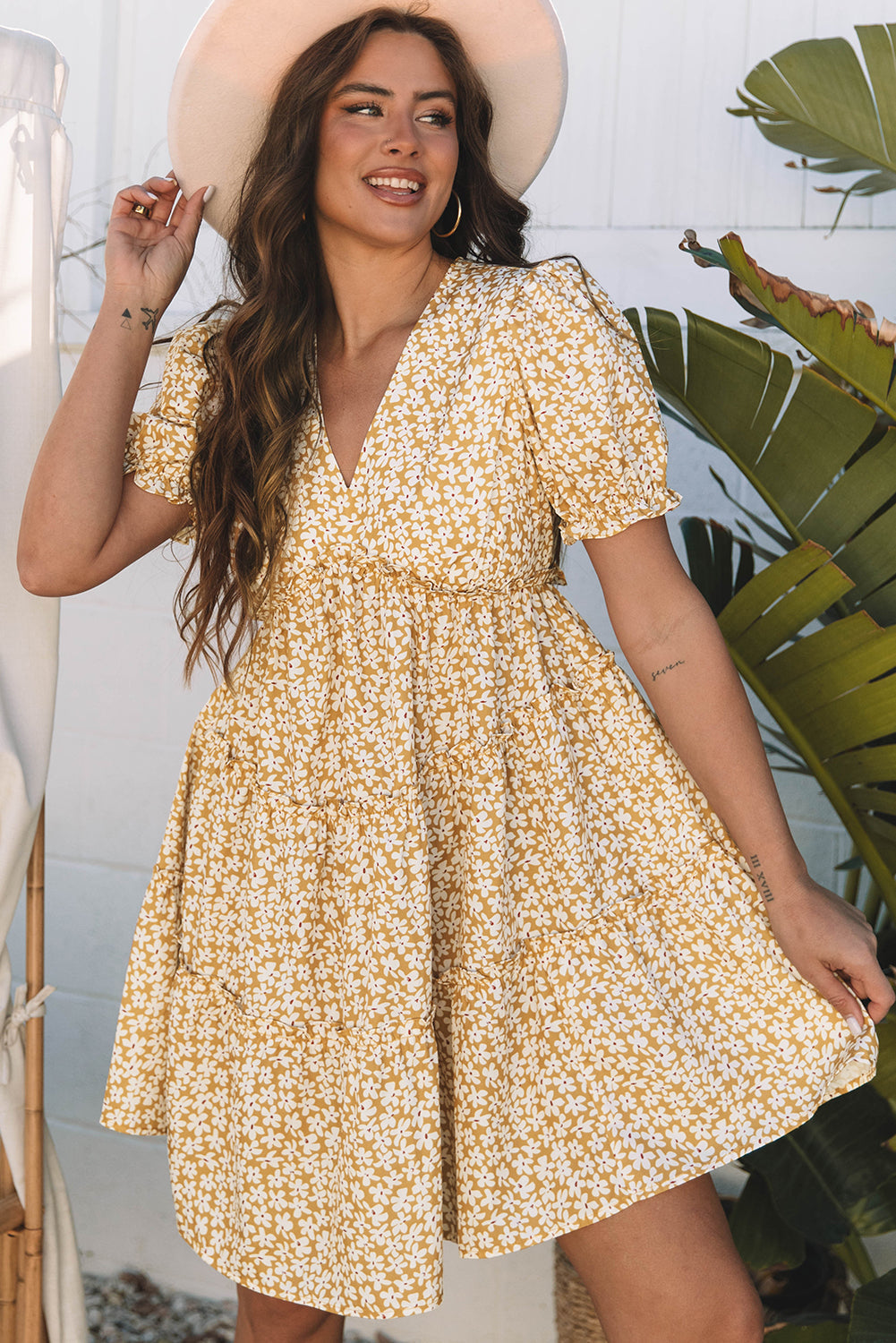 Charleigh Yellow Floral Puff Sleeve Mini Dress – Tiered V-Neck Summer Dress