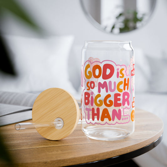 God Is So Much Bigger Glass Cup | Christian Iced Coffee Tumbler with Bamboo Lid