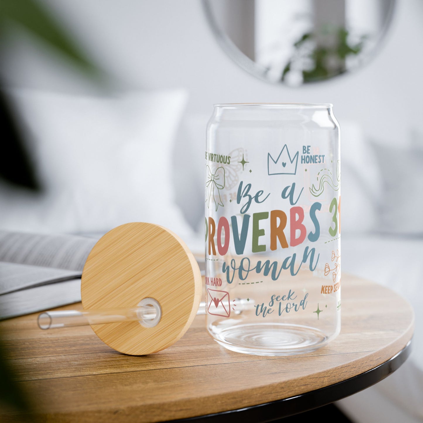 Proverbs 31 Woman Glass Cup — Christian Iced Coffee Cup with Bamboo Lid