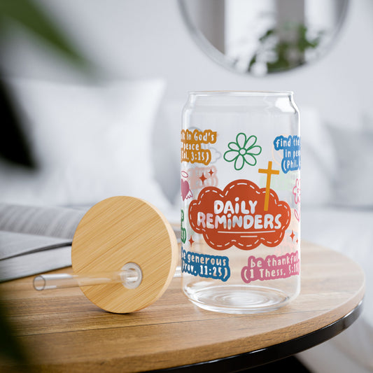 Daily Reminders Glass Cup — Christian Iced Coffee Cup with Bamboo Lid
