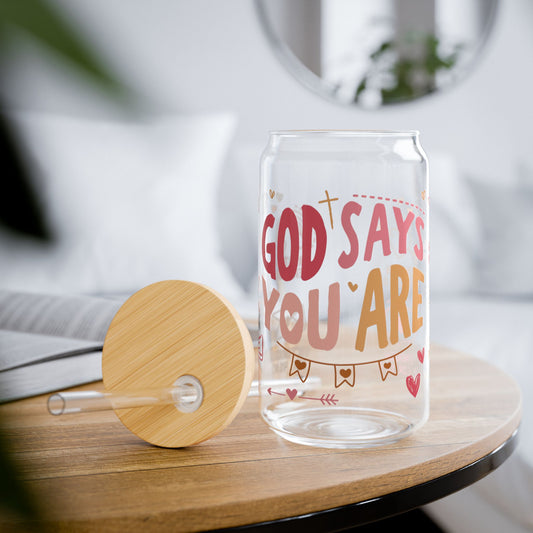 God Says You Are Glass Cup — Christian Iced Coffee Cup with Bamboo Lid