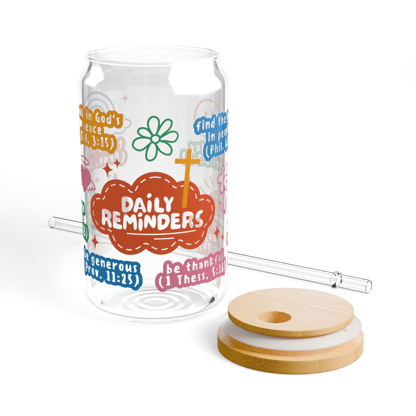 Daily Reminders Glass Cup — Christian Iced Coffee Cup with Bamboo Lid