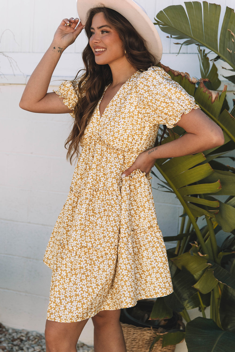 Charleigh Yellow Floral Puff Sleeve Mini Dress – Tiered V-Neck Summer Dress