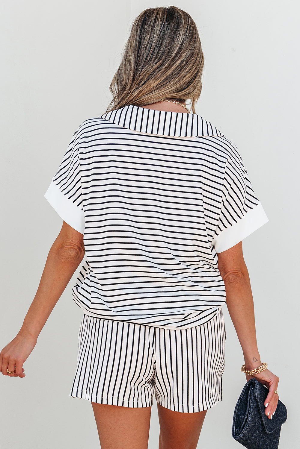Chloe Black & White Striped V-Neck Shorts Set