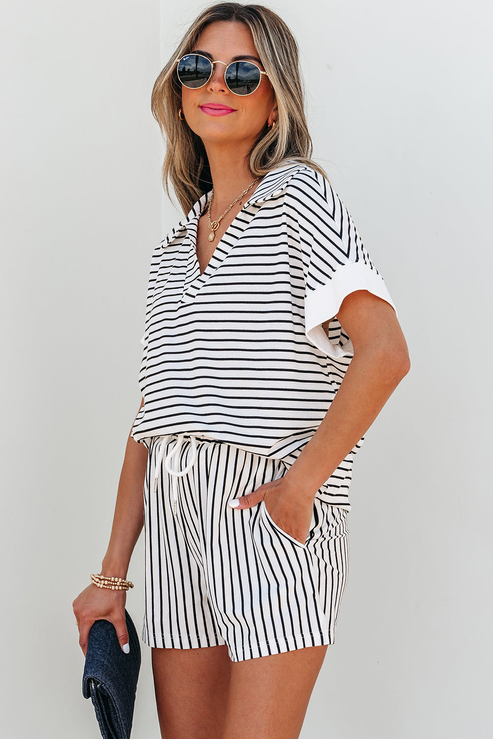 Chloe Black & White Striped V-Neck Shorts Set