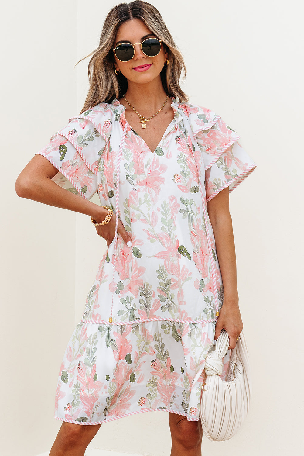 Floral Contrast Trim Layered Mini Dress – Tie Neck Boutique Dress