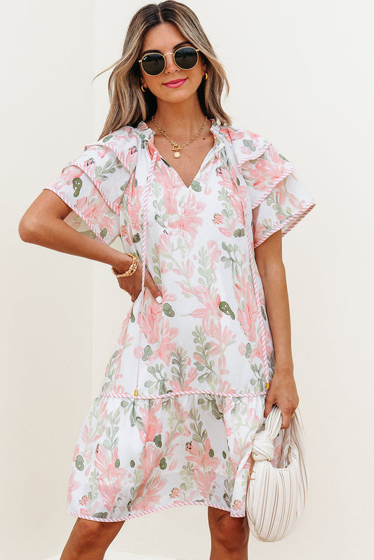 Floral Contrast Trim Layered Mini Dress – Tie Neck Boutique Dress