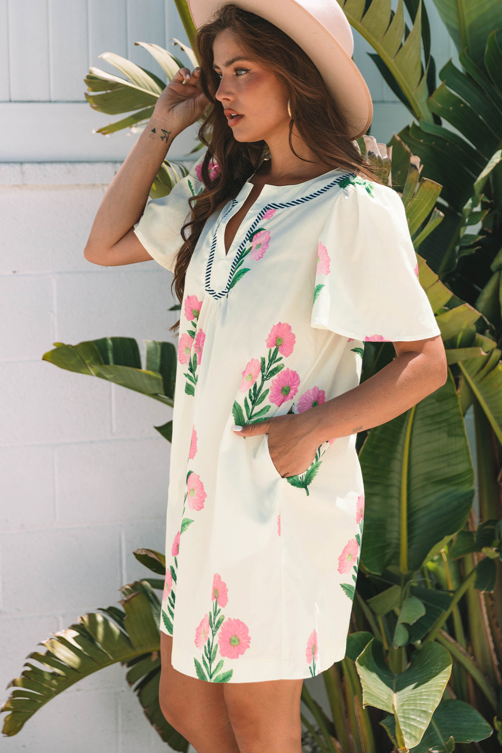 Paloma Floral Split Neck Mini Dress – Loose Fit Summer Dress for Women